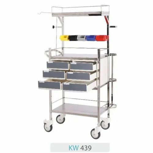 Y-Care Kw 439 Stainless Steel Crash Cart Trolley - 27x17x63 Inch, Silver, 6 Drawers, 4 Wheels