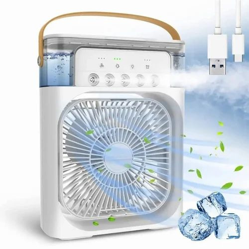 Portable Air Cooler Fan - Plastic, Mini, White | 3 Speed Cooling, USB Powered, LED Light, Humidifier