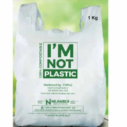 01 Biodegradable Grocery Bag - Cornstarch, 11x8 Inches, White | Printed Pattern, U Cut Handle, Custom Size