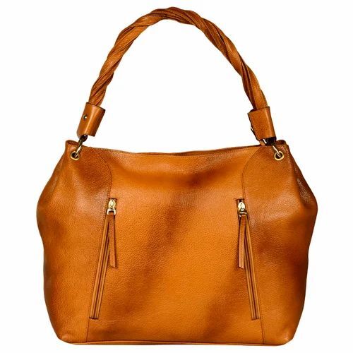 Ladies Light Brown Leather Bag - Genuine Leather, Various Sizes, Light Brown, Zipper Closure, Handled Shoulder Bag