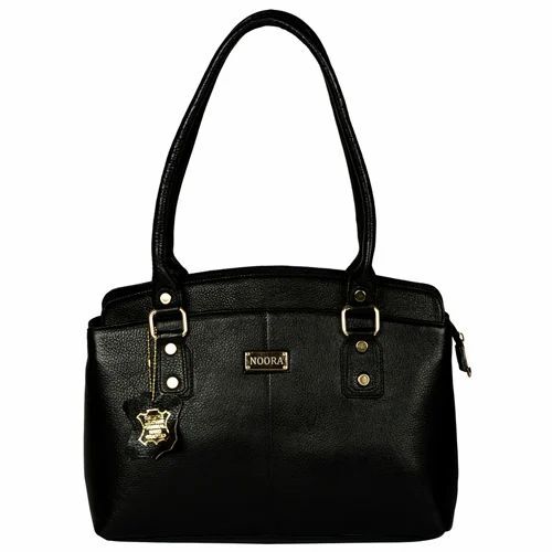 Women Solid Black Leather Bag - Genuine Leather, Various Sizes, Black, Zipper Closure, Handled Shoulder Bag