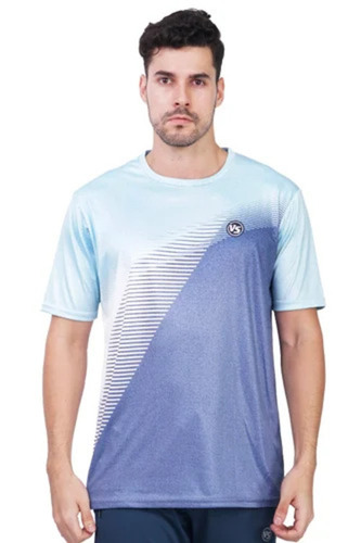 Men Dri-Fit Sky Blue Round Neck T Shirt - 180 GSM Cotton Blend, Medium, 3/4th Sleeves | Breathable, Anti-Shrink, Comfortable Fit