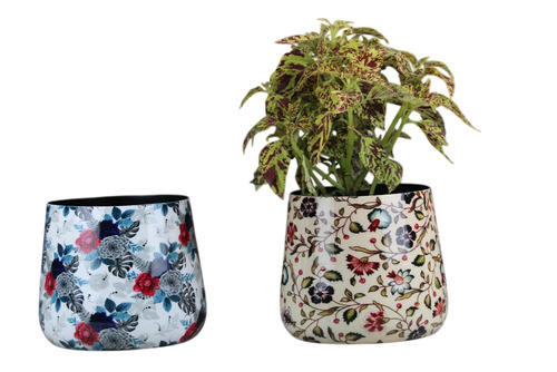 Floral Printed Iron Planter Set Of 2 Pcs - 6 Inch Height, 5.5 Inch Diameter, Multicolor | Powder Coated, Round Shape