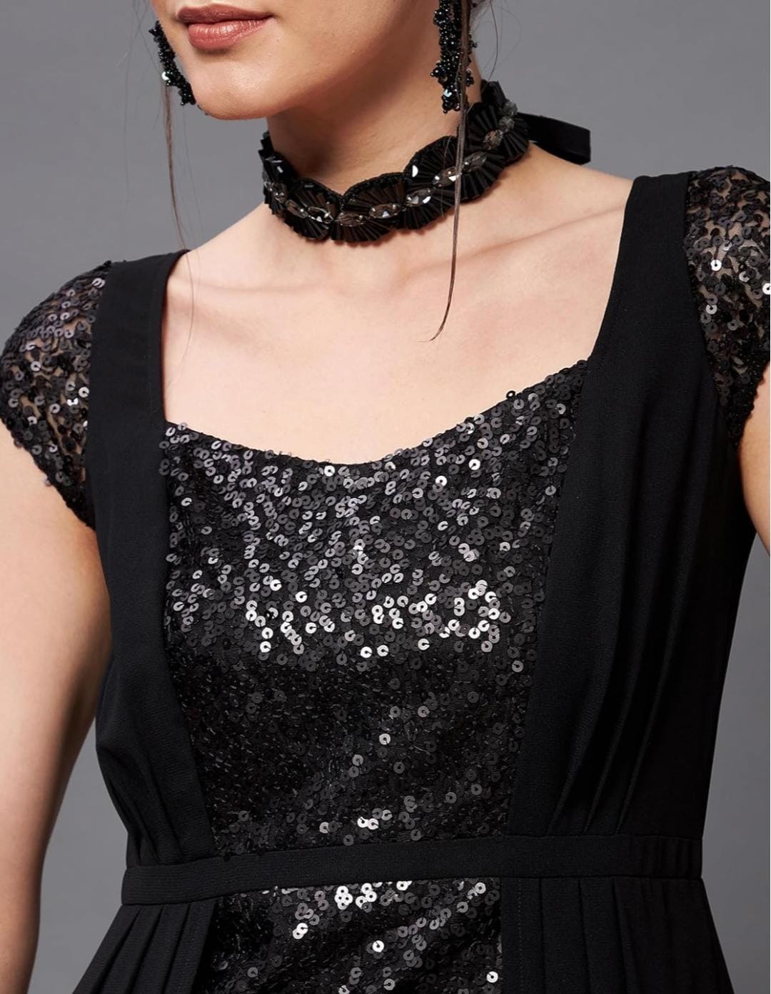 Women black Sequin fit and flare maxi dress with georgette neck party evening dress