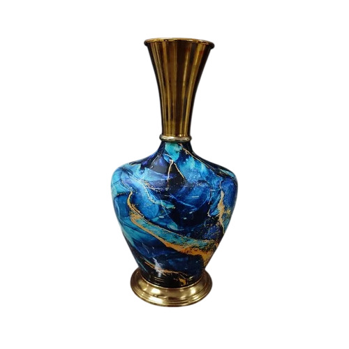 Modern Design Iron Flower Pot - Iron Metal, 18 Inch, Blue & Golden, Enameled Finish, Oval, Free Standing Decoration