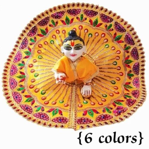 Laddu Gopal Ji Yellow Printed Dress - Satin Silk Multicolor, Knitted Net Temple Pattern | Washable, Easy to Clean, Fancy Soft Finish