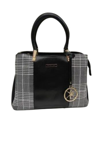 Ladies Checked PU Designer Handbag - Durable PU Material, Standard Size, Black | Double Handles, Zipper Closure, Water Resistant, 2 Compartments