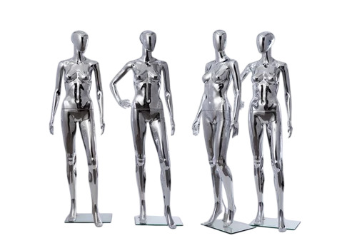 Ladies Chrome Display Mannequins - Fiberglass, Silver, Foldable, Standing | Lightweight, Durable, Modern Style