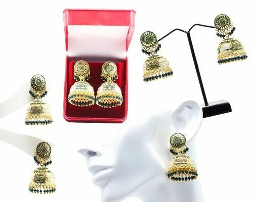 Ladies Rajasthani Jhumka Earrings - Brass Metal Golden Dome Shape | Wedding Engagement Party Gift