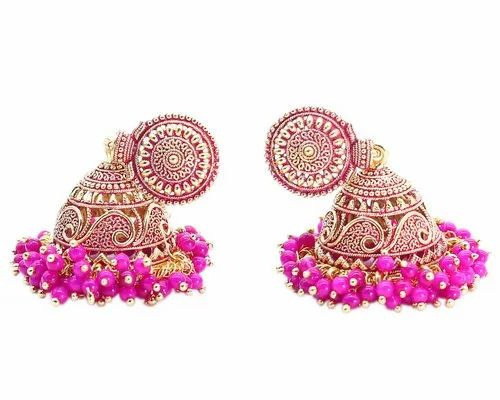 Pink Jhumki - Brass, 30gm, Pink | Women's Wedding, Festival, Party Earrings