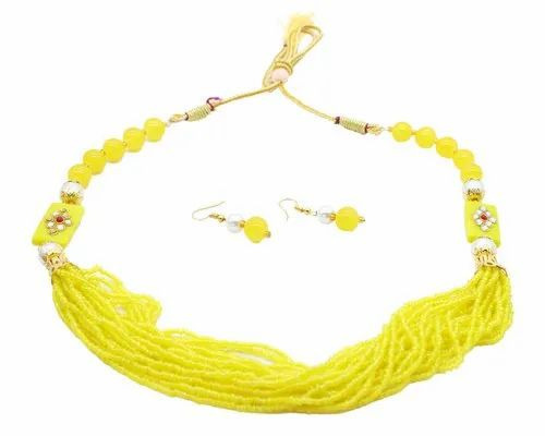 Yellow Multi Strand Kundan Necklace Set