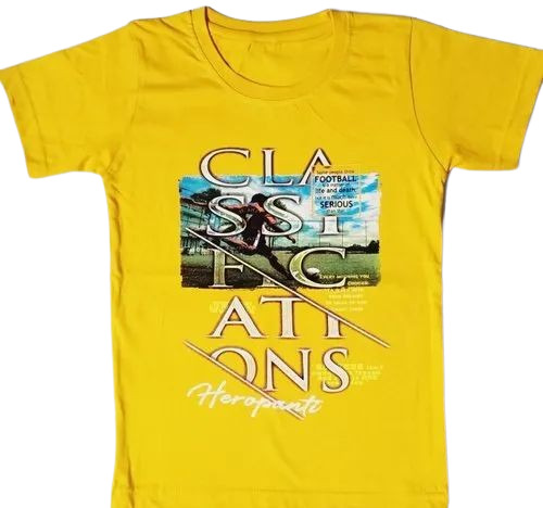 Kids Yellow Printed Cotton T Shirt - Half Sleeves, Sizes M & S | Breathable, Quick Dry, Anti UV, Comfortable Fit