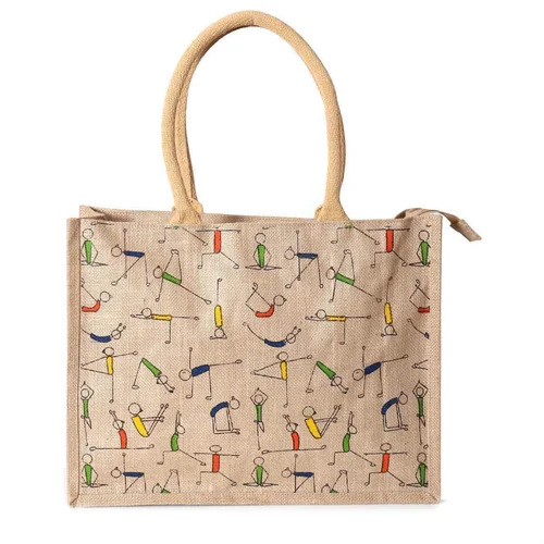 Printed Jute Hessian Bag - 14.5"x16"x6" Multicolor, 290 GSM, Rope Handle 50 cm | Eco Friendly, Shopping Use
