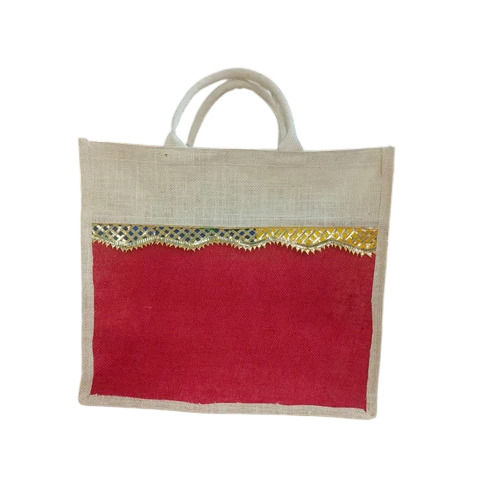 Red & Cream Designer Jute Bag - Feature: Eco Friendly