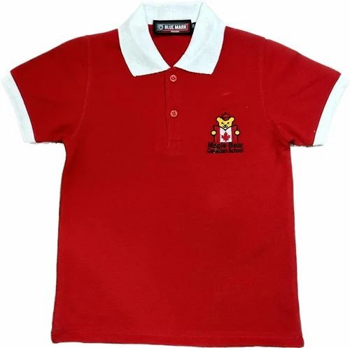 Red Color School Uniform T Shirt - Cotton Blend, V Neck, Half Sleeves, Regular Fit | Anti UV, Breathable, Quick Dry, Customized Logo