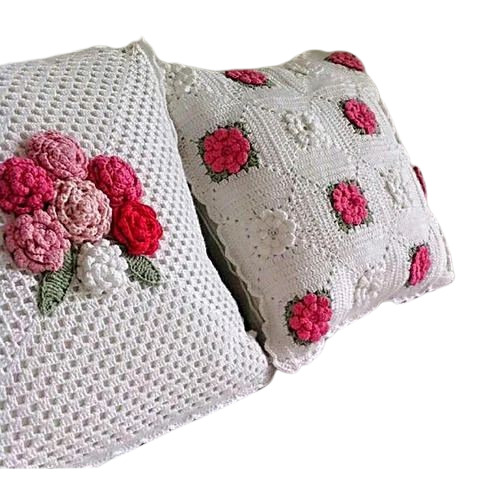 Floral Crochet Pillow Covers - Woolen, 16x16 Inch, White | Handmade Rectangle Head Pillow