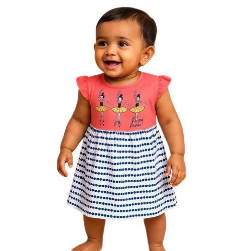 Kids Pink And White Cotton Frock - Size S, Round Neck, Printed | Breathable, Anti UV, Quick Dry, Comfortable Fit