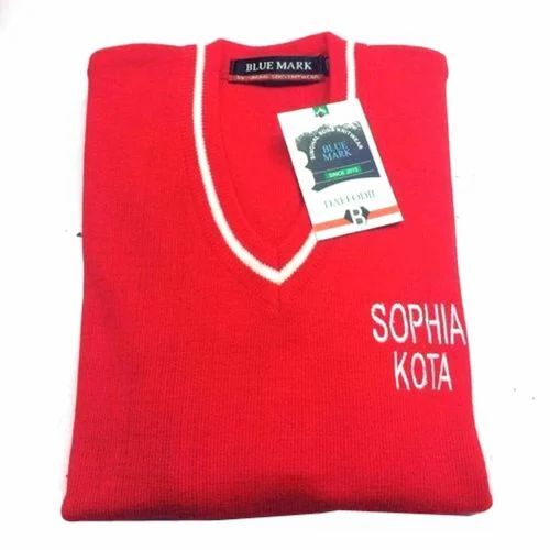 Winter Woolen Red School Sweater - Woolen, Size M, Red, V Neck | Anti UV, Breathable, Quick Dry, Comfortable Fit, Washable