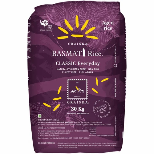 30kg Grainka Classic Everyday Basmati Rice - 12% Moisture, 6 Months Shelf Life | White, Long Grain, 96% Purity