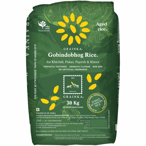 30kg Grainka Gobindobhog Rice - 30kg PP Bag, 9% Moisture | White, Medium Grain, 96% Purity, 6 Months Shelf Life