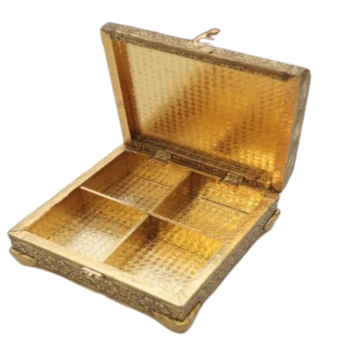 4 Section Wooden Dry Fruit Box - Wood 10x10 Inch, Golden | Matte Lamination, 300g Load Capacity, Square Shape