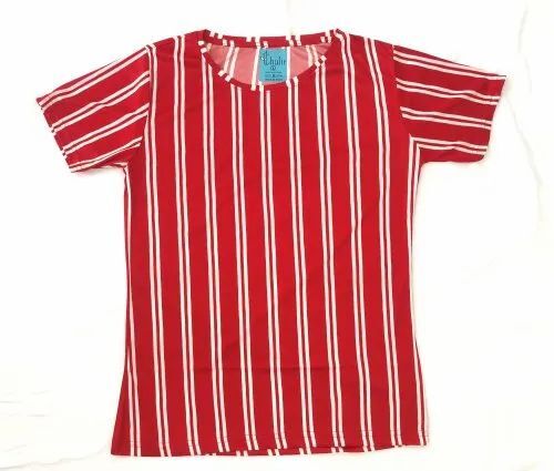 Women Red Striped Round Neck T-Shirt