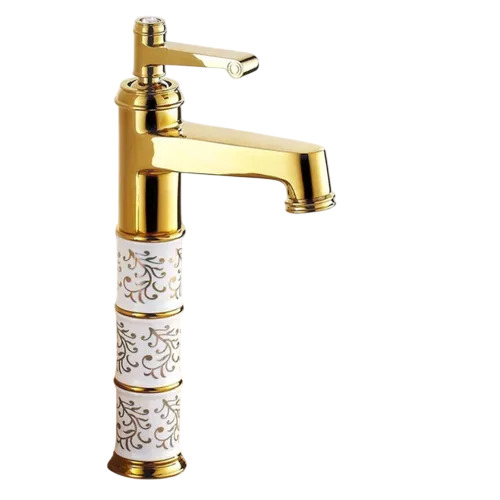 Hot And Cold Spout Fancy Basin Faucet Tap Mixer - Brass 12 Inch Gold Plated | Single Lever Table Mounted Glossy Finish