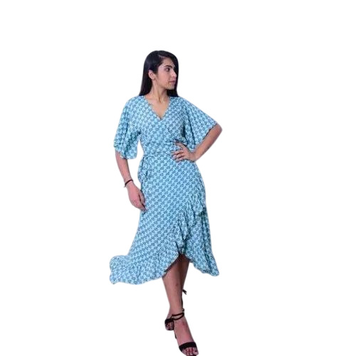 Printed Viscose Long Dress - Viscose, Multiple Colors, Sizes L-XXL | Lightweight, Breathable, V-Neck, Half Sleeve, Casual Summer