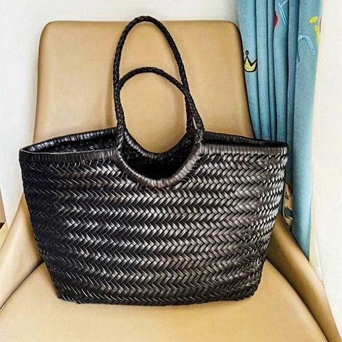 Woven Ladies Black Plain Leather Braided Hand Bag