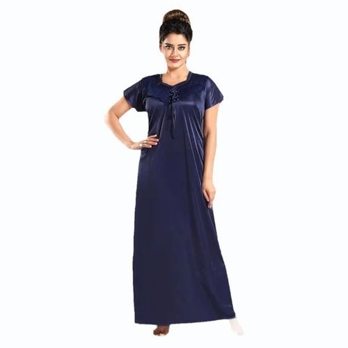 Ladies Navy Blue Satin Nightgown