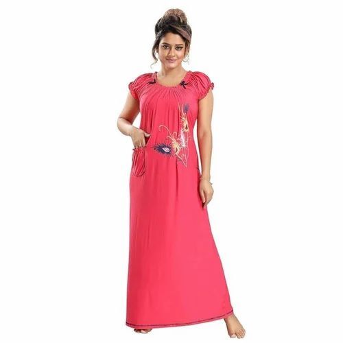 Ladies Pink Printed Satin Nightgown - Satin Fabric, All Size, Pink | Comfortable, Stylist, Short Sleeves