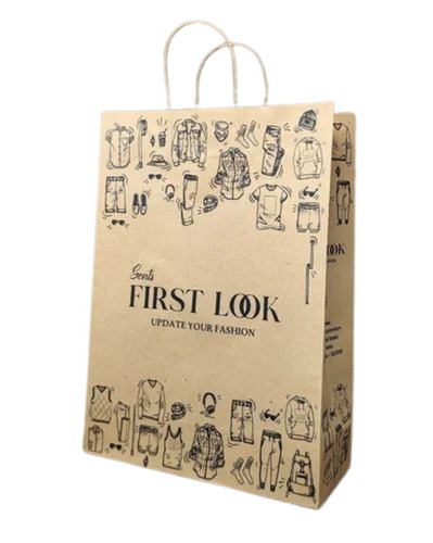 Printed Paper Shopping Bag - Kraft Paper, 16x12 Inches, Brown, Handled, 3 Kg Capacity | Biodegradable, Moisture Proof, Recyclable, Shock Resistant