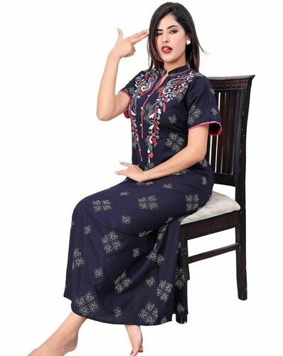 Women Navy Blue Full Length Nighty