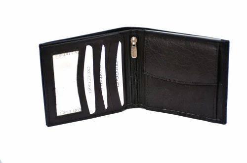 Black Men Bifold Leather Wallet - Leather, Standard Size, Black | Open Closure, Folded, A Grade, Box Packaging, Stylist