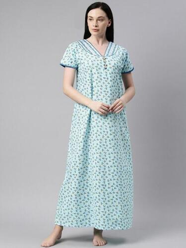 Blue Printed Cotton Maxi Nightdress