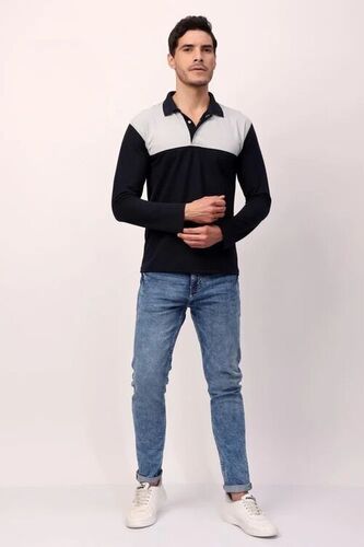 Full Sleeves T-Shirt - Cotton Blend, All Size, Black | Polo Collar, Stylist, Comfortable, Skin Friendly