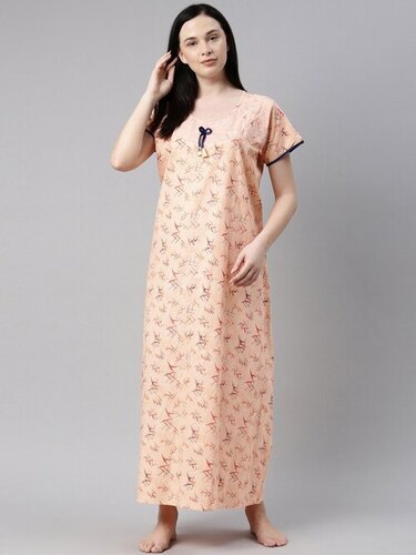 Orange Printed Maxi Pure Cotton Nightdress