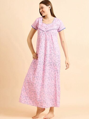 Pink Printed Ladies Nighty - Cotton, All Size, Pink | Stylist, Comfortable, Short Sleeves
