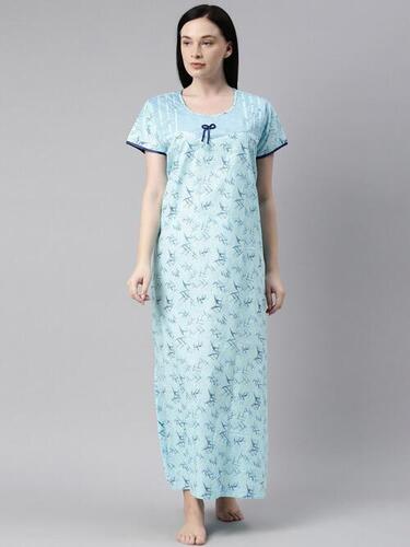 Pure Cotton Maxi Nightwear - Cotton, All Size, Blue | Stylist, Comfortable, Printed Short Sleeves