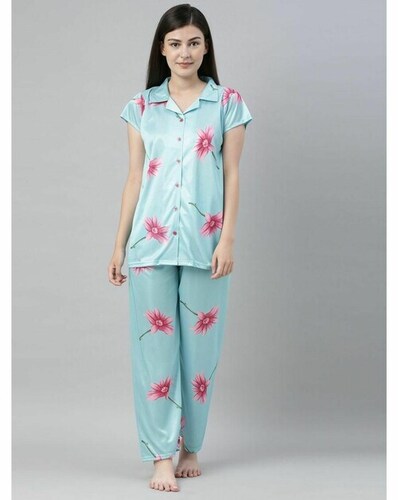 Women Blue Printed Satin Night Suit