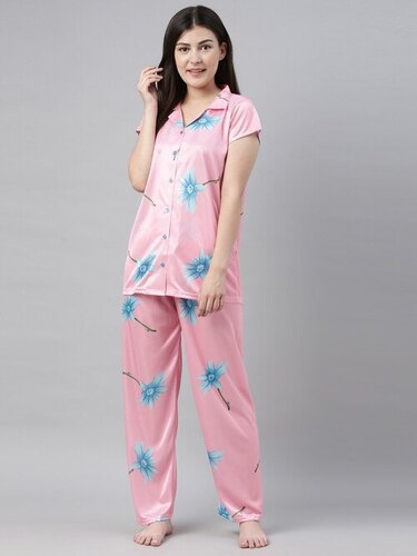Women Pink Printed Satin Night Suit