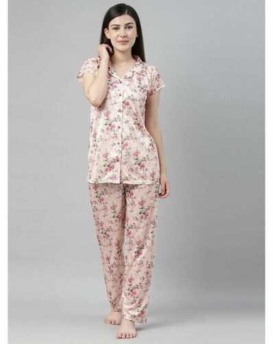 Women Printed Satin Lapel Collar Night Suit