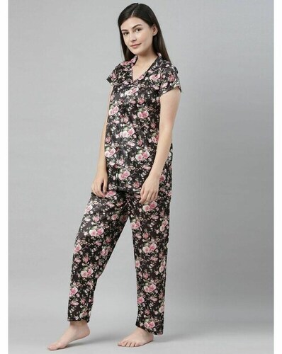 Women Printed Satin Black Night Suit