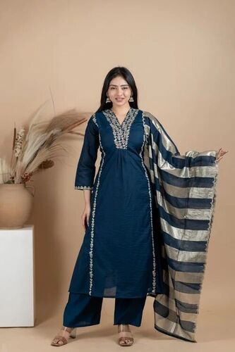3-Piece Mul Chanderi Handwork Kurti Pant Set