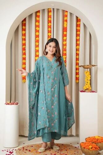 3-Piece Mul Chanderi Mirror Work Kurti Pant Set