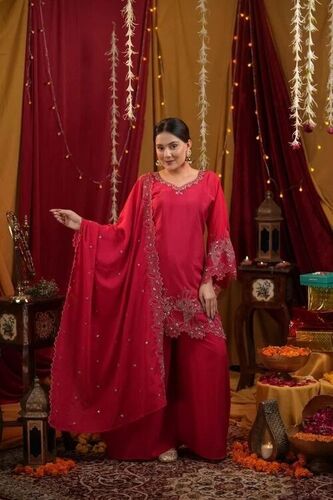 3-Piece Pure Chinon Bead Work Kurtis Pant Set