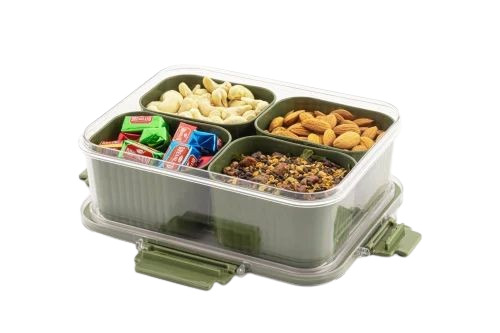 4 Section Divided Plastic Dryfruit Storage Box - 1500ml Transparent Matte Plastic, Flip Top Lid, Eco Friendly