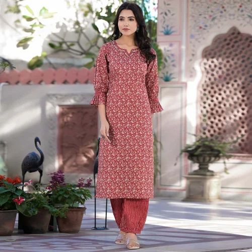 Red Ladies Long Kurti With Skirt - Cotton, All Size, Red | Anti Wrinkle, No Fade, Stylish, Comfortable