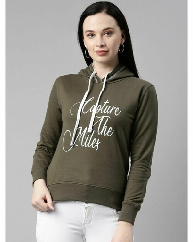 Green Printed Women Hooded Pure Cotton Sweatshirt