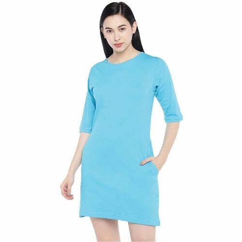 Ladies T Shirt Dress - Blue All Size O-Neck | Long Sleeves Plain Comfortable Skin Friendly